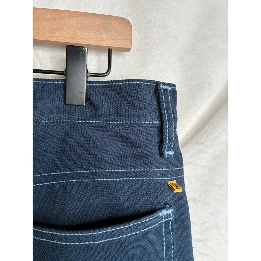 Vintage Farah Mens Navy Blue Trousers Contrast Stitch Polyester Pants USA SZ 37